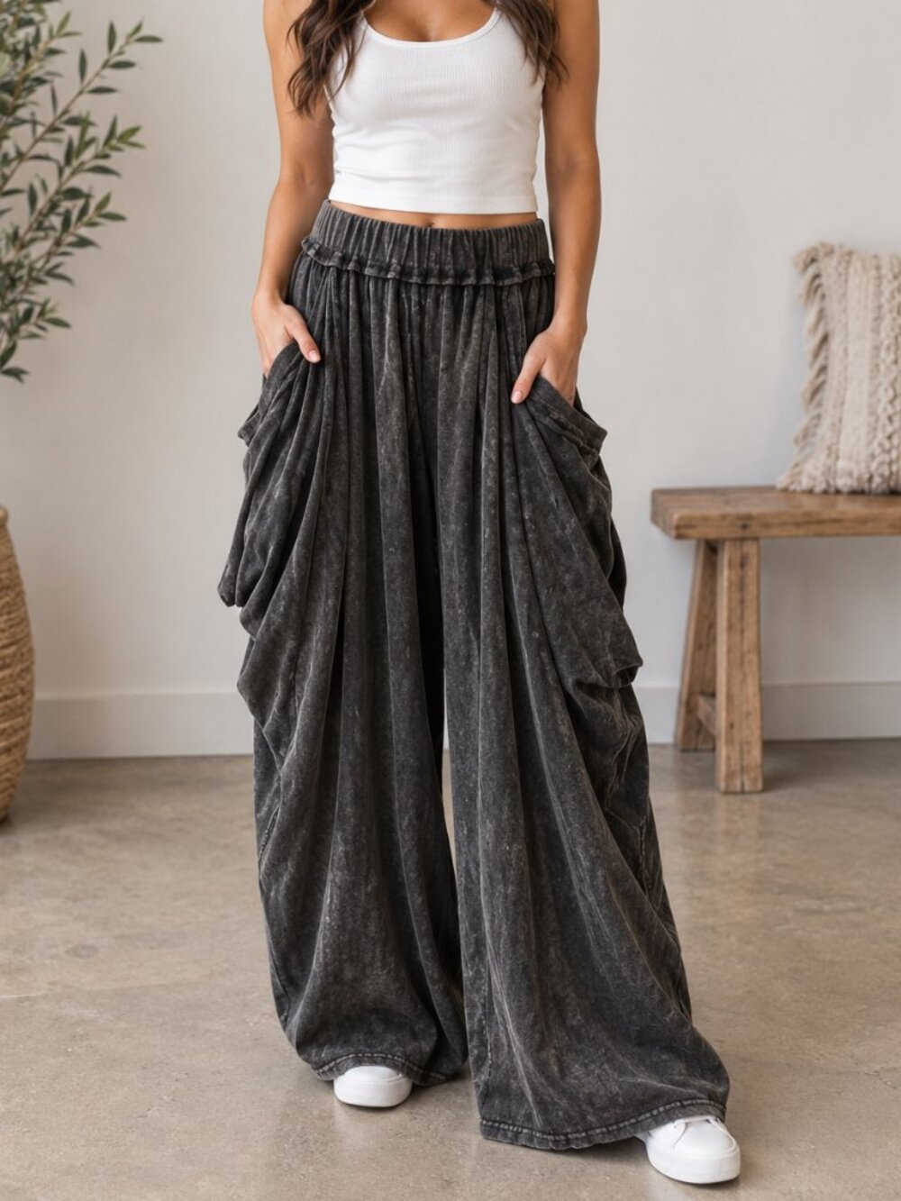 699. Women's Black Mineral Washed Relaxed Fit Harem Pants